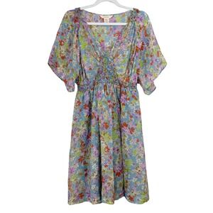 Sundance Floral 100% Silk V-Neck Smocked Waist‎ Butterfly Sleeve Dress WOMEN 8